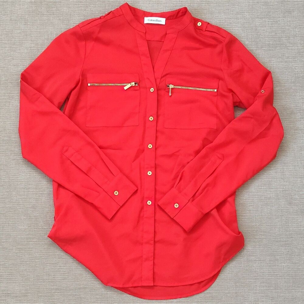 Tomato Red Calvin Klein Crepe Blouse Size M Gold Tone Zipper Buttons Band Collar